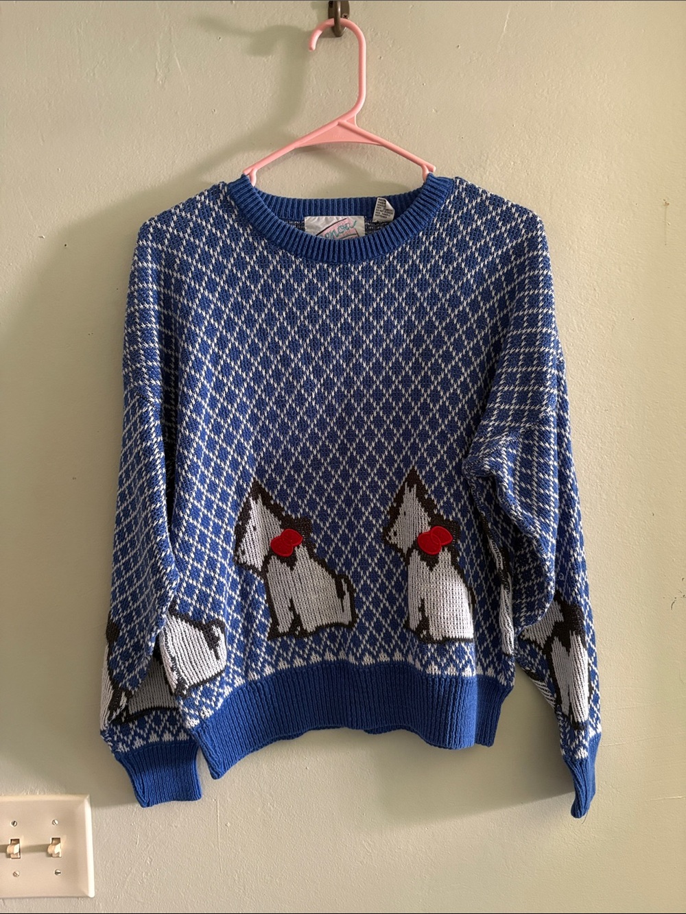 Vintage Genoa Blue Knit Sweater with White Pattern Accents L